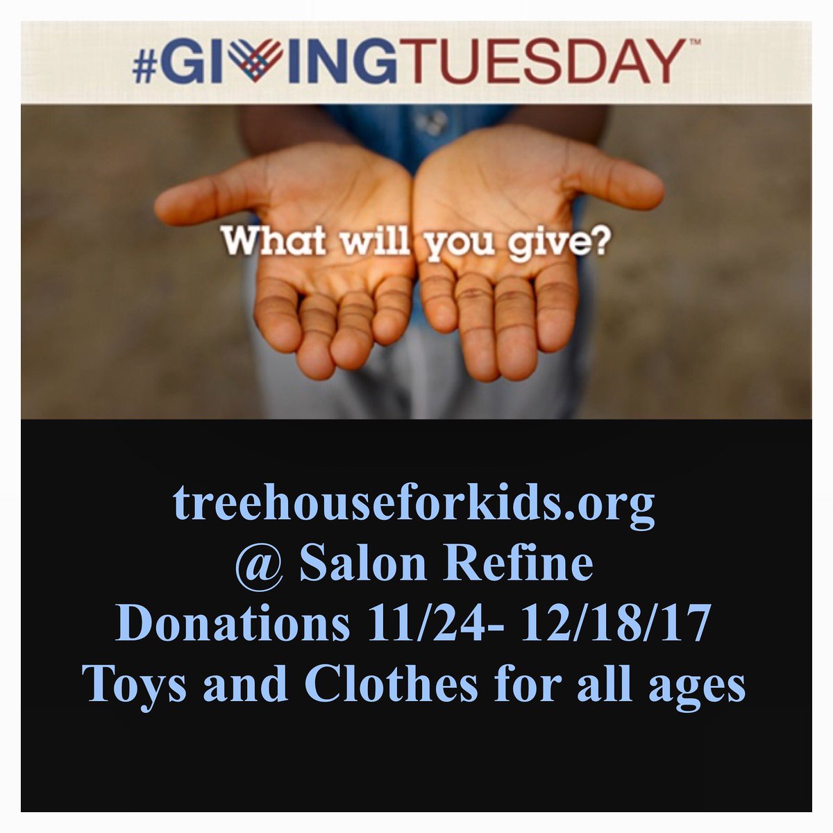 salonrefine's tweet photo. #givingtuesday #whatwillyougive  #treehouseforkids #helpfosterkids #salon_refine #toysandclothesdonations #seattlehairsalon #slu donations in 11/24-12/18/17 to Salon Refine - for more information call 2065881062 or visit https://t.co/8YKuixzNOO https://t.co/XILaQiMaM4