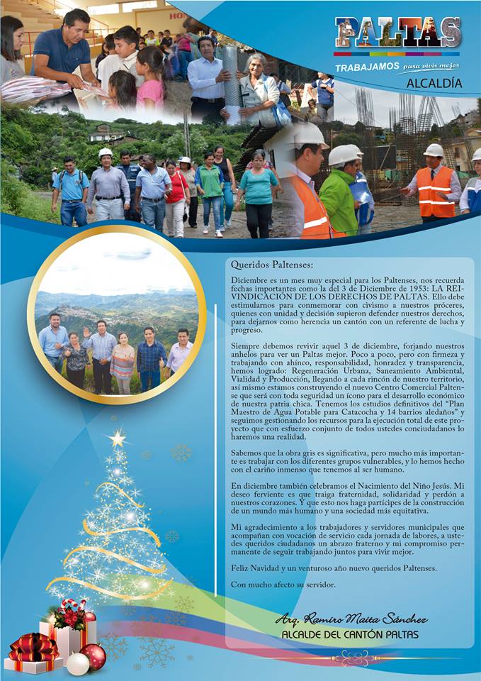 "Trabajamos para vivir mejor" 
Arq. Ramiro Maita Sánchez 
ALCALDE