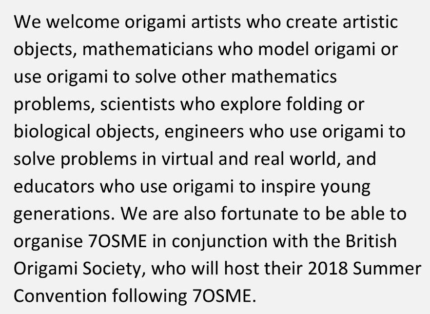 c0mplexnumber's tweet photo. Exciting news: the 7th International Meeting on Origami in Science, Mathematics and Education is being held in Oxford this summer. Submissions are still being accepted... More info here: https://t.co/GEdxCr5R5W #britishorigami https://t.co/hqXqIsp1tt