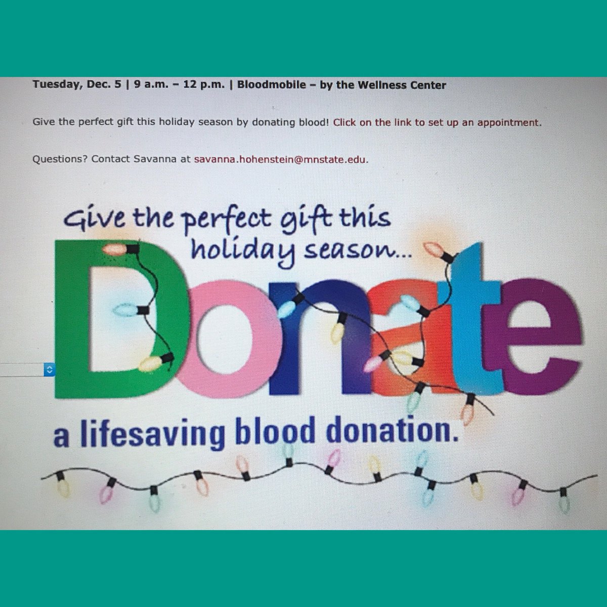 WellnessEds's tweet photo. Tuesday, December 5th ~ 9 am to 12 pm. Bloodmobile by the Wellness Center. I would say that donating your lifesaving blood is a great gift for this beautiful holiday season! 💉🎁 Set up appointments with the information in the pictures! https://t.co/2iAaiLrUdm