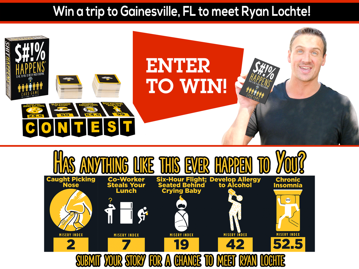 ShitHappensGame's tweet photo. @FloridaGators WIN a TRIP to Gainesville for TWO &amp; have dinner with @RyanLochte at the Swamp! Share your funny story: https://t.co/ftRIDhnECq https://t.co/KjaCFIAX0X