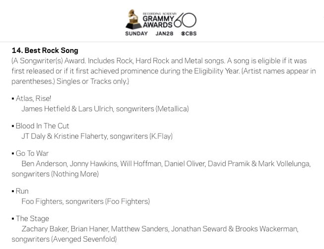 TheOfficialA7X's tweet photo. We are honored to be recognized for the first time by the Grammy committee for "The Stage." It's truly an honor and we look forward to Jan 28th. As a celebration of sorts, we will be working up something special for all of the fans very soon. https://t.co/HR99yV7ZBK