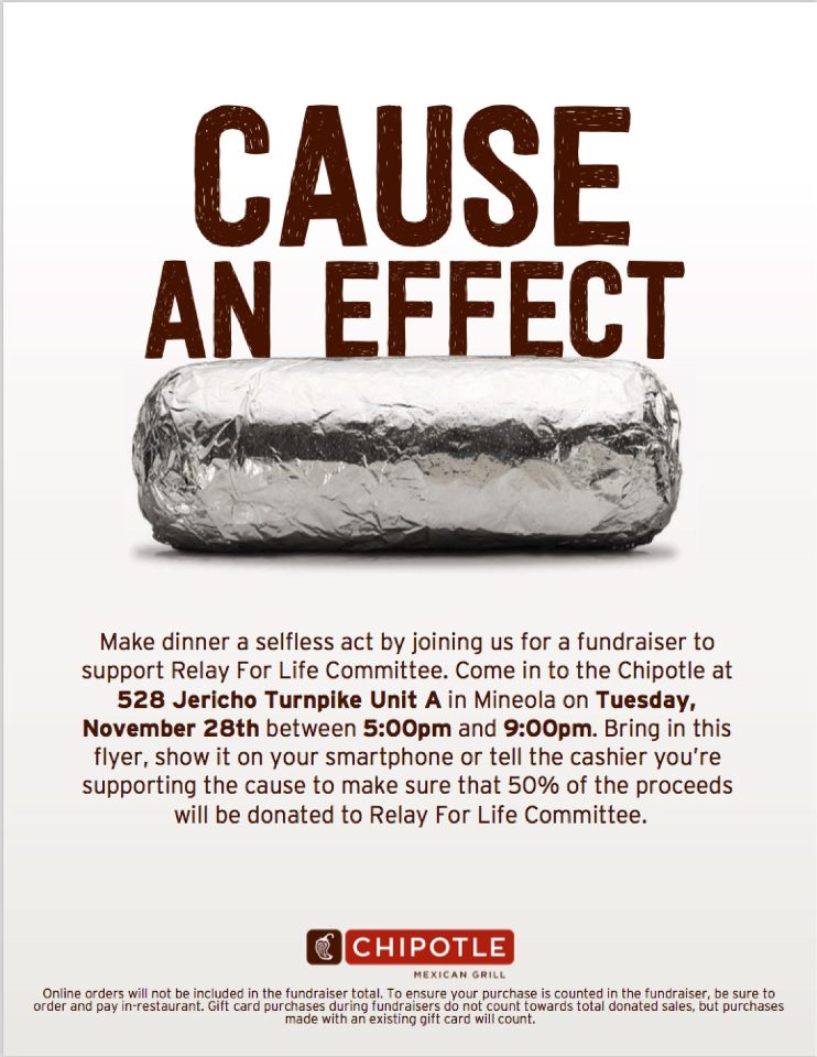 AdelphiRelay's tweet image. TONIGHT!!!! 🍴Enjoy some Chipotle for dinner while donating to Relay for Life💜