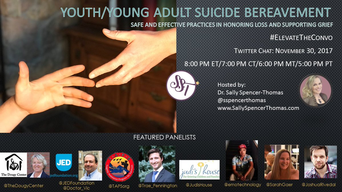 sspencerthomas's tweet photo. Join Us: #ElevateTheConvo twitter chat on 11/30 on #teens and #children #bereavedbysuicide @GoodGriefGuru @GriefJourney @GriefSpeaks @SiblingSOSL @griefencounter @suiciderecovery @GriefHelp @TheGriefToolbox @GriefRecovery @childrensgrief @moyerfoundation @GriefsJourney https://t.co/Yo0ghv7r67