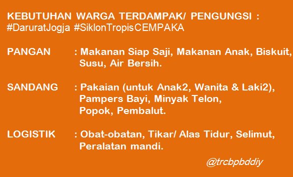 Kebutuhan pengungsi/ warga terdampak #SiklonTropisCEMPAKA #DaruratJogja