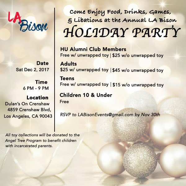 CALLING ALL <a href="/LABison1964/">L.A. Bison</a>! Kick it at our Holiday Party this Saturday - Dulan's On Crenshaw at 6pm. We’ll have food, drinks, HU merch, prize giveaways + an Ugly Sweater Contest and Class Competition!! RSVP to LABisonEvents@gmail.com 🎄