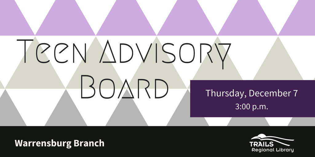 trailsregional's tweet photo. Teens, do you have ideas about making the library better for people your age? Join us at 3pm on Thurs, December 7 for Teen Advisory Board at the Warrensburg Branch and make your voice heard! https://t.co/1lypMDXFOv