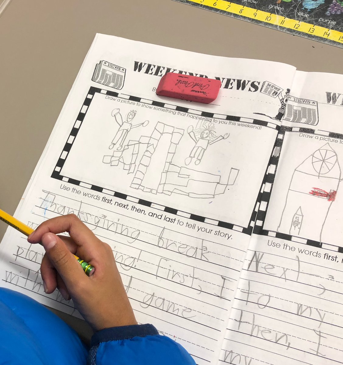 EXTRA! EXTRA! READ ALL ABOUT IT! First graders write about their weekend news, using time order words, opening and closing sentences, and appropriate grammar. #littlestlions #NHS_LES #NHSSD