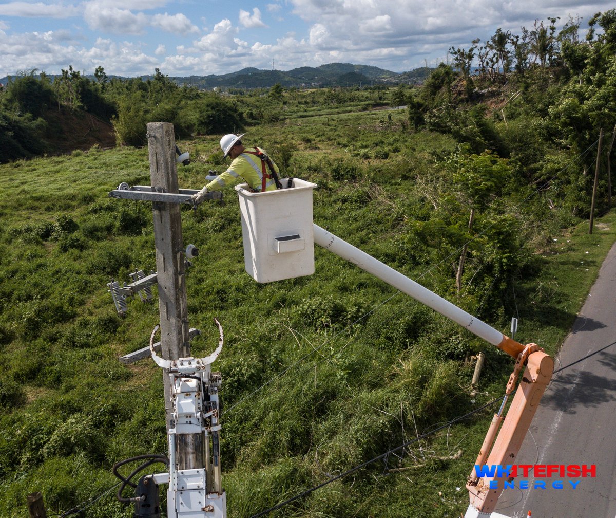 WhitefishEnergy's tweet photo. Continued work on lines and poles in Juncos. Helping make progress for #PuertoRico! https://t.co/1mpoKtwO1u
