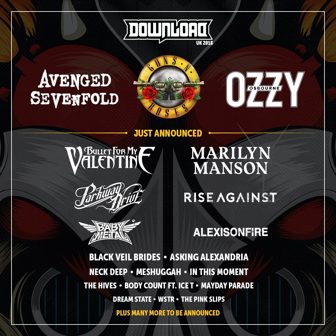 NEW ADDITIONS to your Download ’18 line up! @bfmvofficial, @marilynmanson, @parkwayofficial, @riseagainst, @BABYMETAL_JAPAN , @aof_official & MORE 🤘🔥 goo.gl/zmqm12