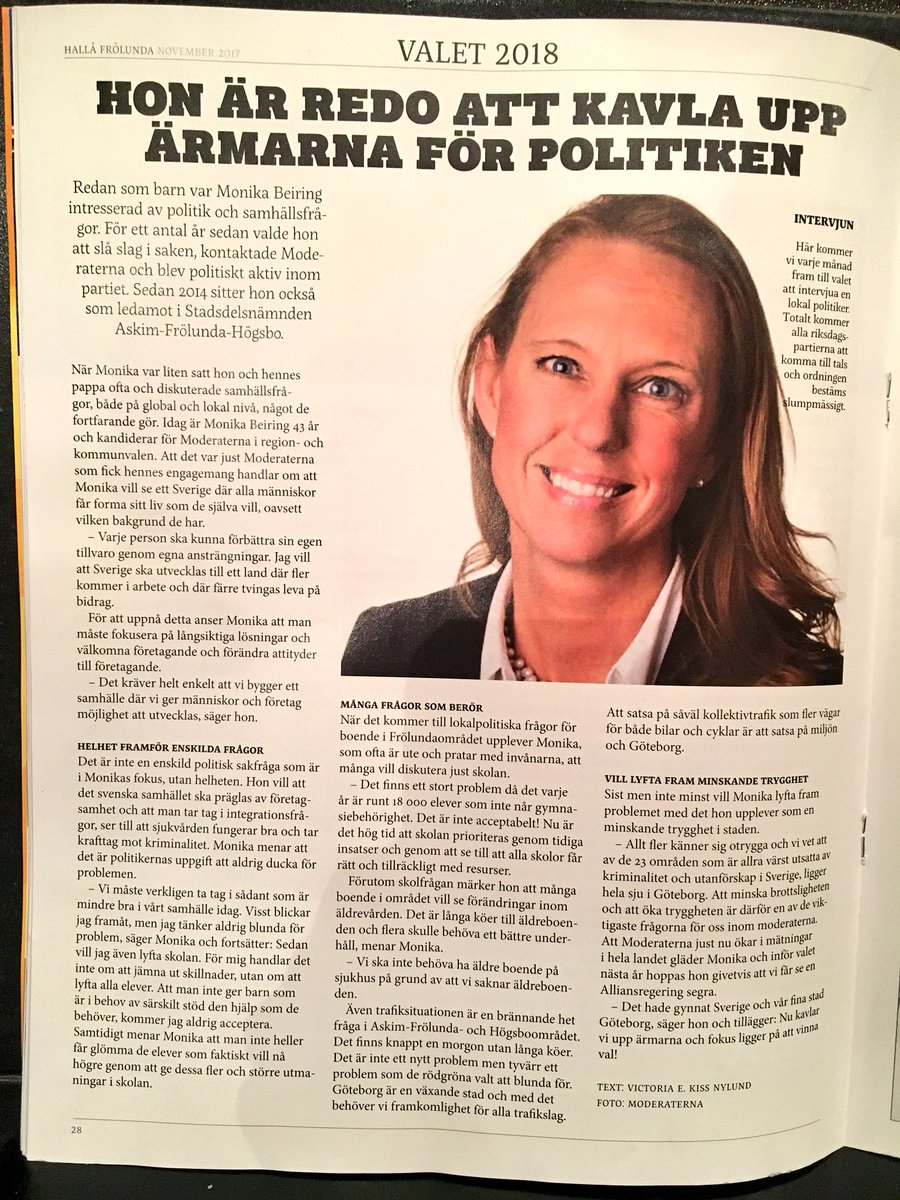 MonikaBeiring's tweet photo. Blev intervjuad av tidningen ”Hallå Frölunda” för ett tag sedan - med tema Valet 2018. Ett samtal om politik och det kommande valet. #moderaterna #vinnaval https://t.co/PG40zsImW5