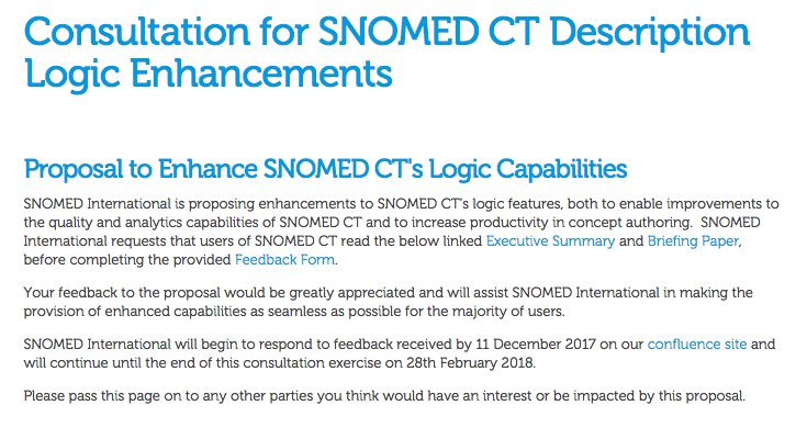SnomedCT's tweet photo. 💬 Consultation for SNOMED CT Description Logic Enhancements -  Increase productivity in concept authoring - Participate in the consultation today! https://t.co/FvhEVEIWtx 💬 #Snomedct https://t.co/f5Uv02Ly4M