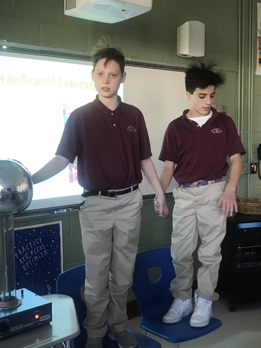 Team_MaunaLoa's tweet photo. Today's #VanDerGraff generator demonstration with 7th grade really made Jimmy's and Patrick's hair stand up! https://t.co/id7MHYVsg7