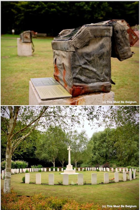 At Hedge Row Trench Cemetery, backpacks display personal items from the soldiers buried here. Their headstones form a circle around the cross of sacrifice. Photo: <a href="/MustBeBelgium/">This Must Be Belgium</a>