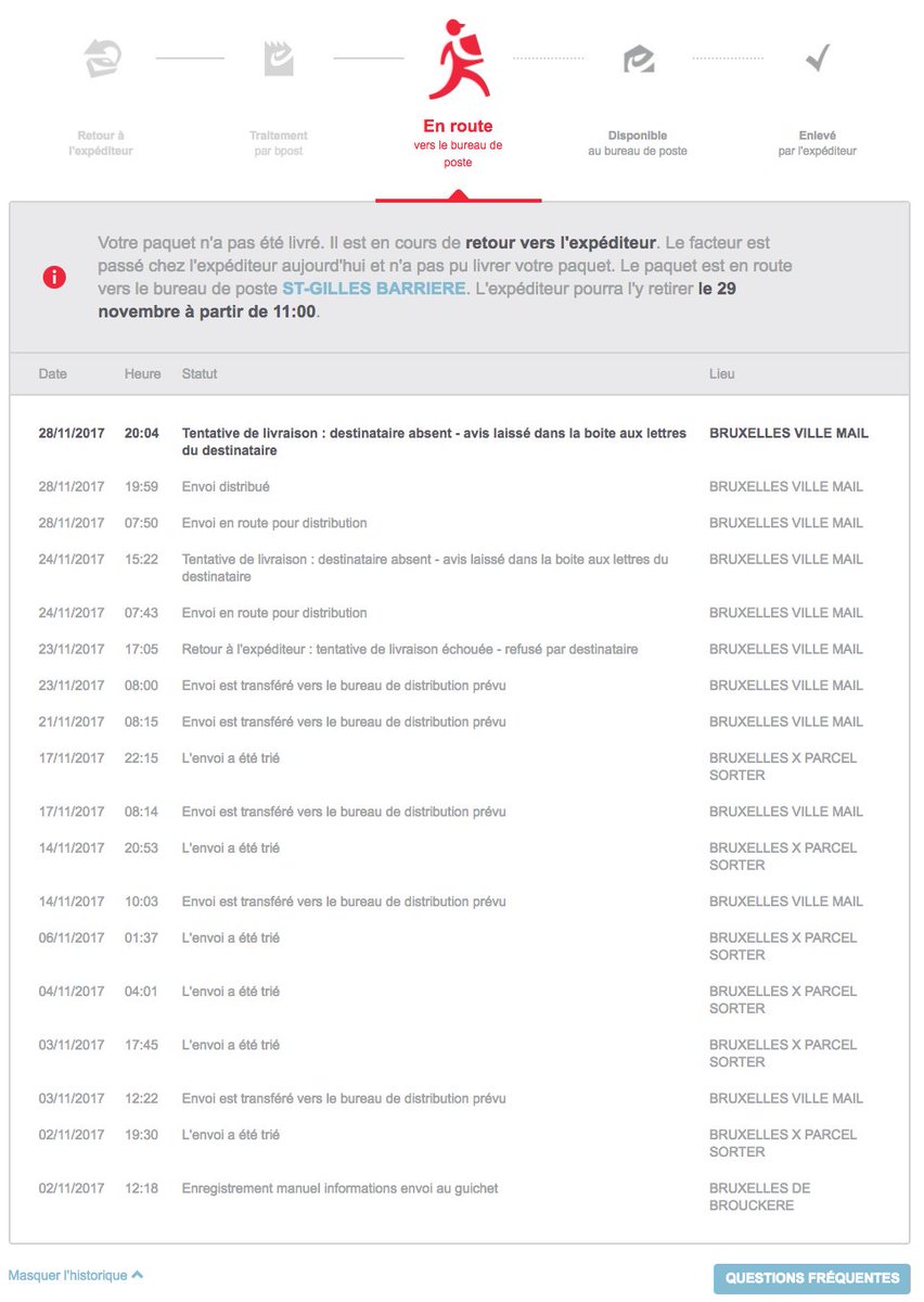 Un mois que ce colis tourne en boucle. Incapable de le remettre à son destinataire, <a href="/bpost_fr/">bpost</a> tente à présent de me le rendre, tout en mentant! Présent chez moi à 20:04, personne n’a sonné et aucun avis de passage n’a été laissé dans ma boîte aux lettres. MARRE !!! <a href="/Test_Achats/">bug POC by Kassem_s94</a>
