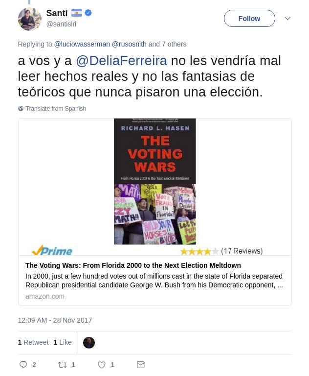 Sentime, <a href="/santisiri/">santi</a>. Cuando vos todavía no controlabas esfínteres, <a href="/DeliaFerreira/">Delia Ferreira</a> ya había fiscalizado varias elecciones. Querete un poco, nene.