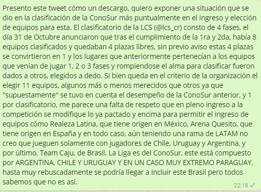 Tras terminar el periodo clasificatorio de la @LCS_CR me veo en la obligación de manifestar un descargo público.