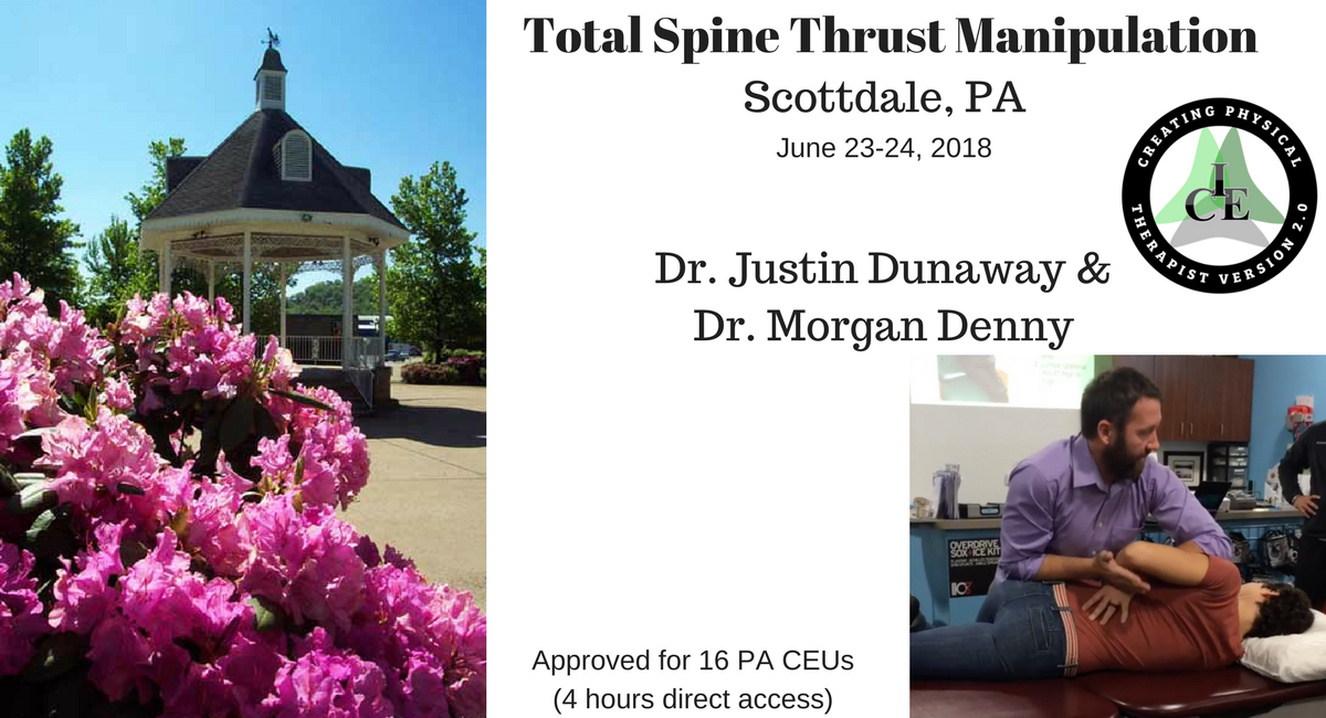 icephysio's tweet photo. Join @DrDunawayDPT in Scottdale, PA on June 23-24, 2018 for our Total Spine Thrust Manipulation course! Approved for 16 PA CEUs (4 hours direct access). For more info and to register, check out https://t.co/fZK0VNWoiZ @Visnja_KingDPT https://t.co/0yVbut2EqW