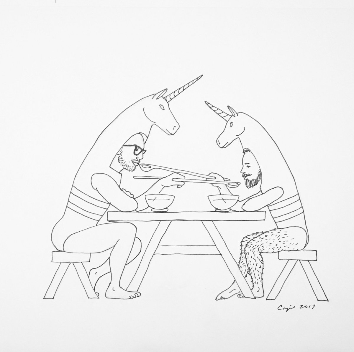 CupidOjala's tweet photo. “Unicorns feed each other”, 2017, pigma pen on paper, 9x12in. #Queer #Unicorns #longspoon #soup #community https://t.co/VythERzWd8