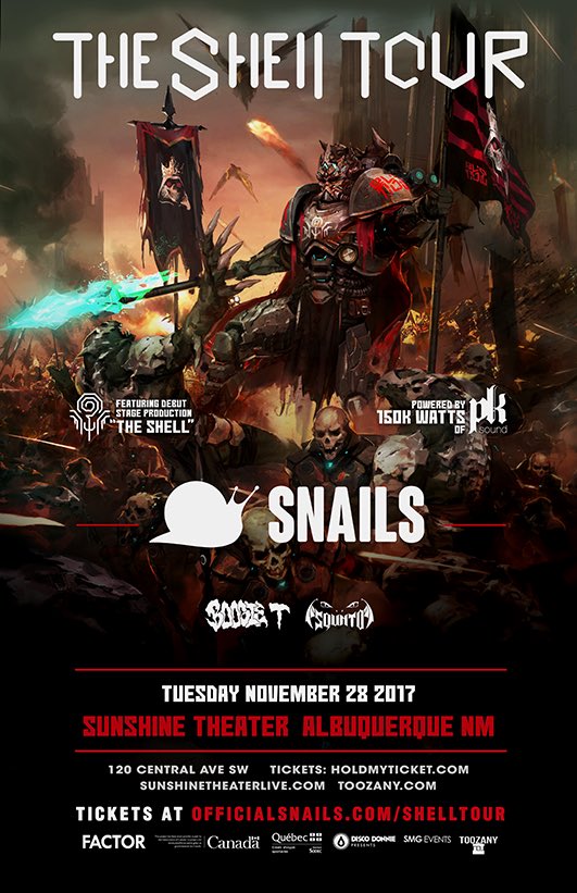 snailmusic's tweet photo. 🐌SET TIMES FOR ALBUQUERQUE TONIGHT🐌

DOORS - 7:30PM
SQUNTO - 8PM
BOOGIE T - 9PM
SNAILS - 10:10PM https://t.co/BajS0XbOLP