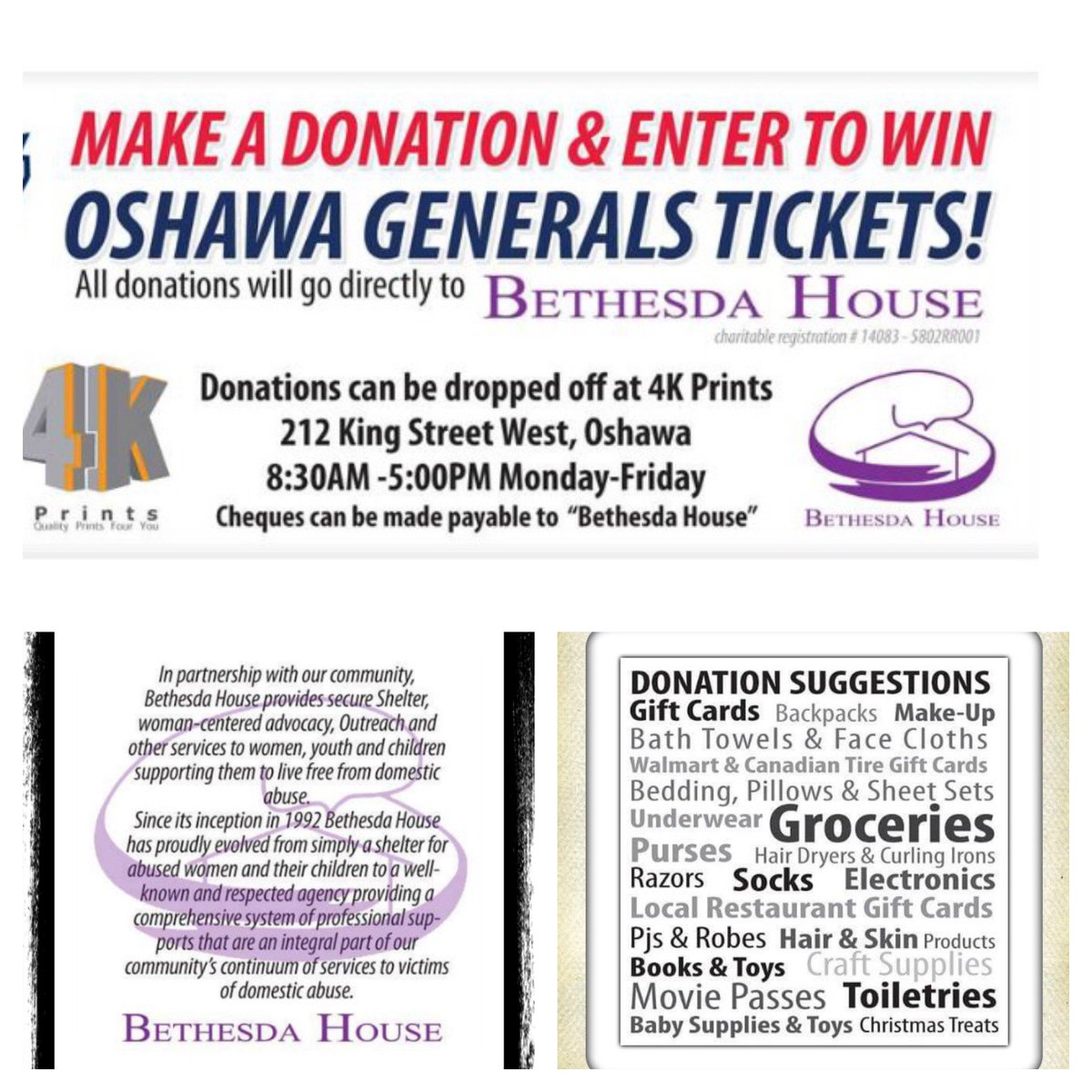 BethesdaHouseON's tweet image. Stop by @4KPrints in Oshawa, bring a donation for Bethesda House and enter for your chance to win @Oshawa_Generals game tickets! #communityhelps #thankyou