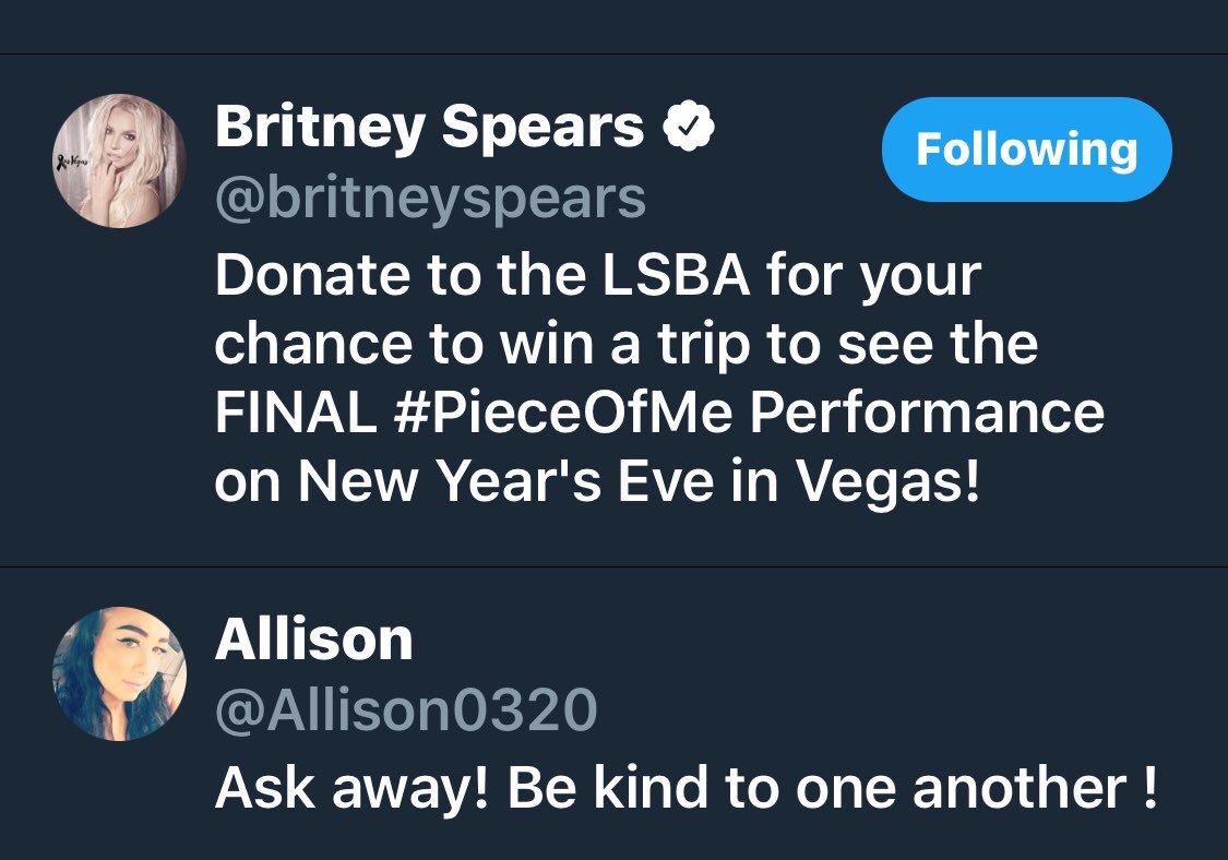 Allison0320's tweet photo. Follow this account @britneyspears please. I try every year! If I only knew what I did to catch your attention #BritneySpears I love ❤️ you!! But not in a weird way. Like your my idol way #BritneySpears #BritneyArmy  help RT https://t.co/TK6IdSnlYK