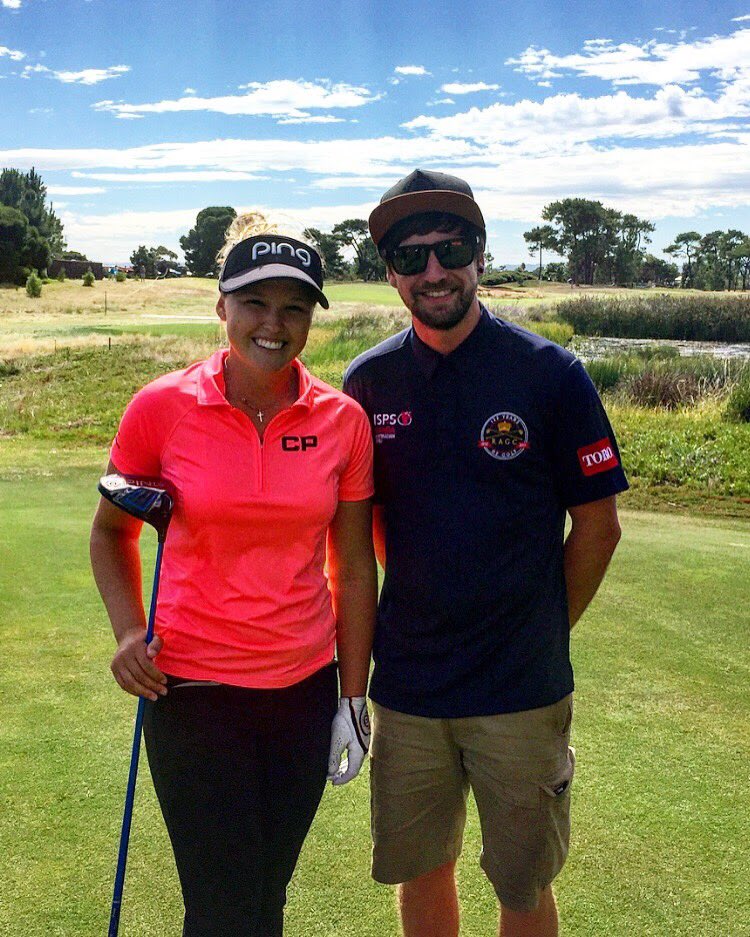 CalumWood88's tweet photo. Thinking back to earlier in 2017 when I was part of the fantastic maintenance team at @RoyalAdelaideGC for the @WomensAusOpen! Good luck to #KooyongaGC next year! Wish I could be back to help! Had to put in the picture w/ @BrookeHenderson https://t.co/G1OFd7GUL9