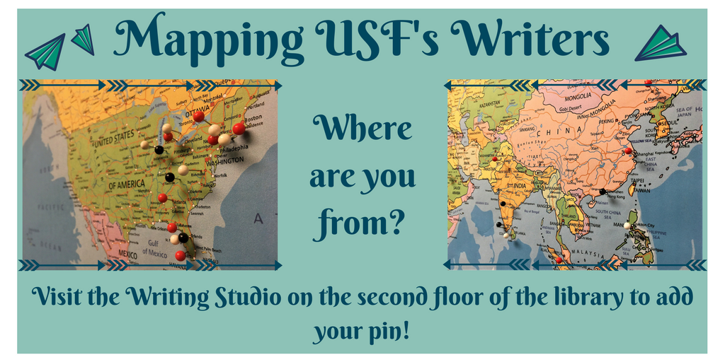 USF_ASC's tweet photo. Did you know we have a world map in the studio for our USF writers? When you stop by for a consultation, pin the place you come from! #usfwriting #usfwriters #writingstudio https://t.co/Y5CuzLnz7Q