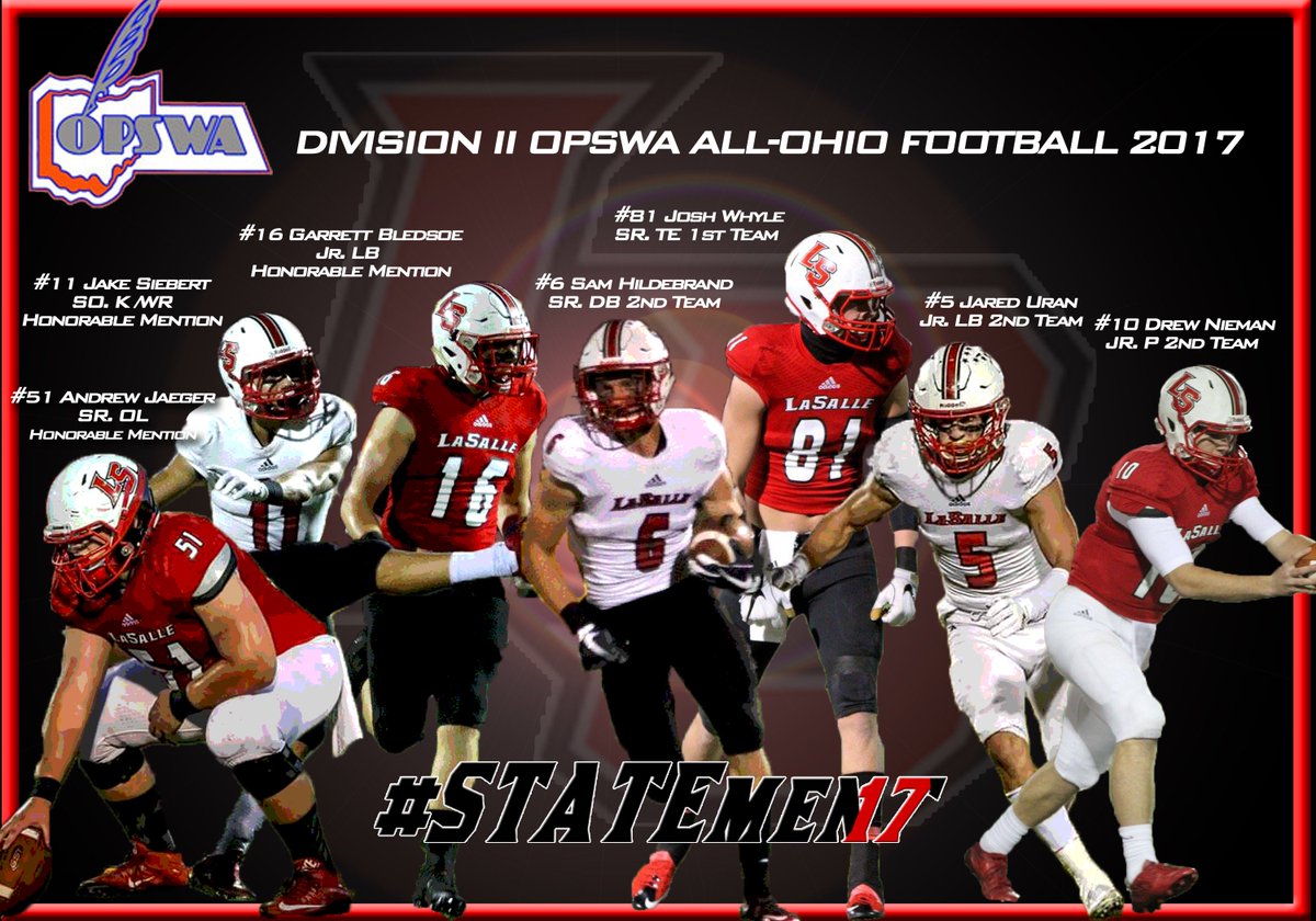LS_LancerFB's tweet photo. Congrats to our Lancers selected to the DIVISION II OPSWA ALL-OHIO Football 2017 Team.

1st Team: SR TE @JoshWhyle81 
2nd Team: JR P/QB @d_niem10 JR LB @jarreduran__ SR DB @samhildebrand22 
Honorable Mention: SR OL @jaeger_andrew SO K/WR @seibert_jake JR LB @garrett_bledsoe
#LRD https://t.co/DXYbItqHnA