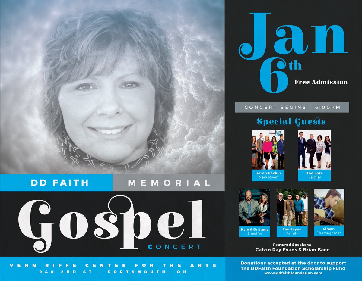 sohiovoice's tweet photo. Mark your calendars for January 6, 2018, for the DD Faith Memorial Gospel Concert at the Vern Riffe Center for the Arts on the campus of Shawnee State University in Portsmouth, OH! #DDFaith https://t.co/P50L9SFJWk