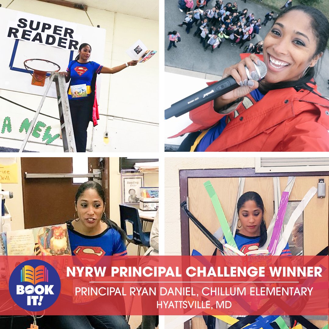 bookitprogram's tweet photo. Congratulations @HeyMrsDaniel for being the winner of the 2017 National Young Readers Week Principal Challenge! You win new books for each student @ChillumES. Thank you to all the principals who participated in this year's challenge. #youngreaders https://t.co/3aiG1pvjzx