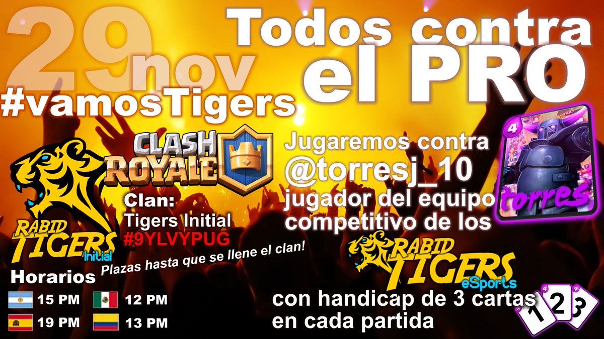 Emi_CR_'s tweet photo. Mañana tenemos el primer evento Todos contra el PRO, donde @atorresjose,jugador del equipo competitivo estará con vosotros en el clan #TigersInitial para jugar contra él partidas con handicap. No te lo pierdas! Pásate por el #ladder Tigers Initial, cod: #9YLVYPUG. #vamosTigers https://t.co/teB4DTrmVS