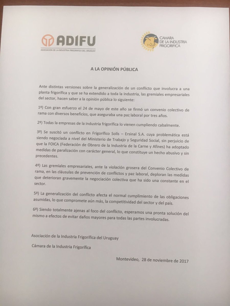 BlasinayAsoc's tweet photo. Compartimos el comunicado a la opinión publica emitido por #ADIFU Asociación de la Industria Frigorífica del Uruguay. https://t.co/NrYYW0nfks