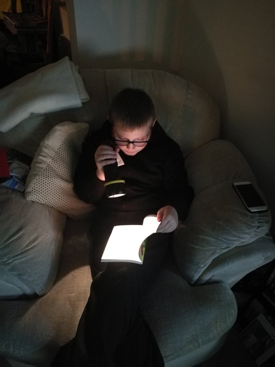 WBurghPrimary's tweet photo. Kyle completing his "read by torchlight" #BookDares for #BookWeekScot #WillybugsReads https://t.co/u0KeXE8eH7