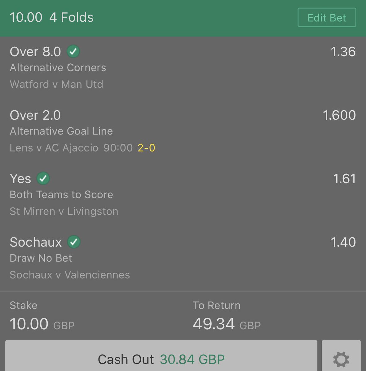 We land a 4 fold at slightly reduced odds over at the hub. One goal shy in the Lens game. Still money in the bank. 👍