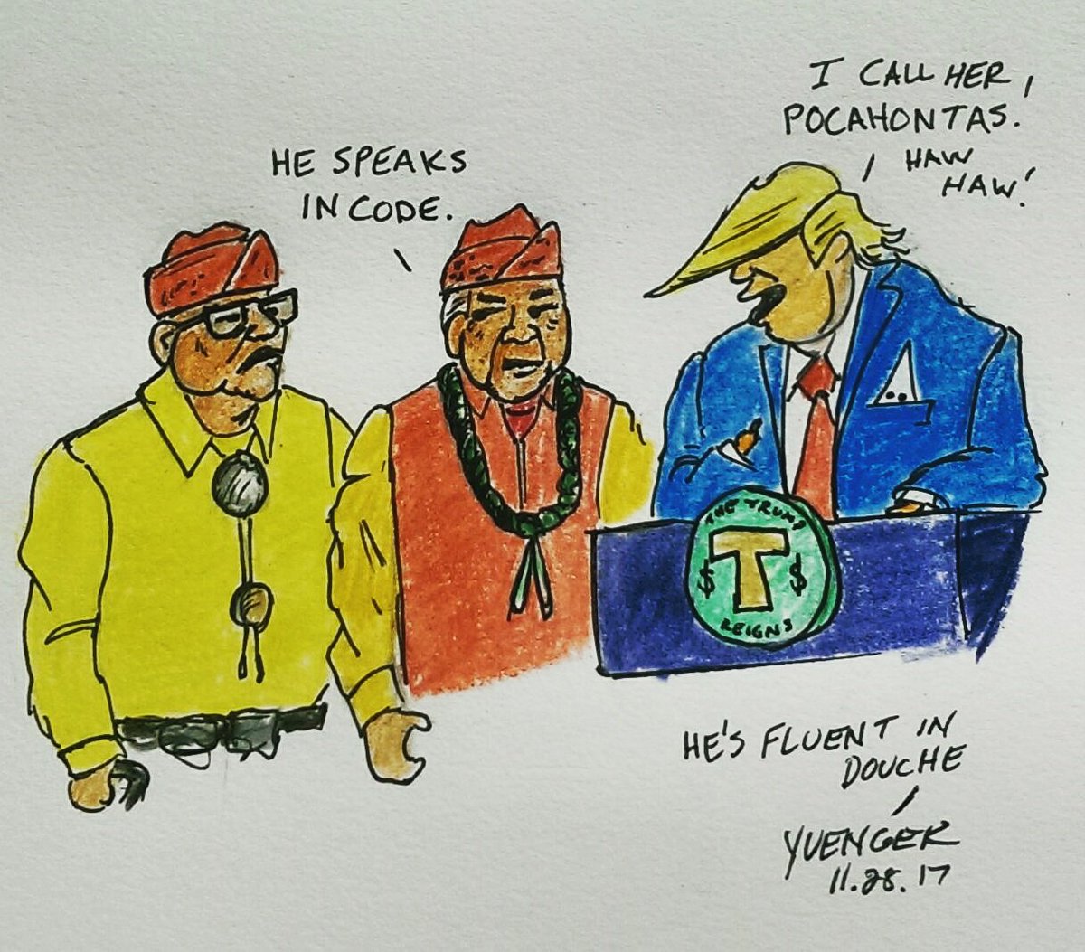 dailytrumptoon's tweet photo. @realDonaldTrump spoke with #WWII #CodeTalkers and called #ElizabethWarren #Pocahontas (again) #speakingincode #casualracism #microagression @procartoonists @AAEC_Cartoonist @picture_says @PoliKartoons  #windbag https://t.co/lA0Fnx7j3j