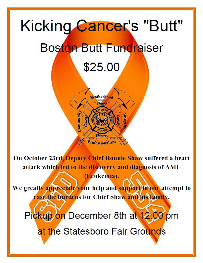 GSFA1's tweet photo. RT @statesboro_fire: Just a reminder that the ticket sales deadline for the Boston butt fundraiser is Monday, Dec. 4th. Be sure to see one of your Statesboro firefighters or stop by station 1 on West Grady St. to purchase yours!! #ShawStrong https://t.co/glwQyUxF6K