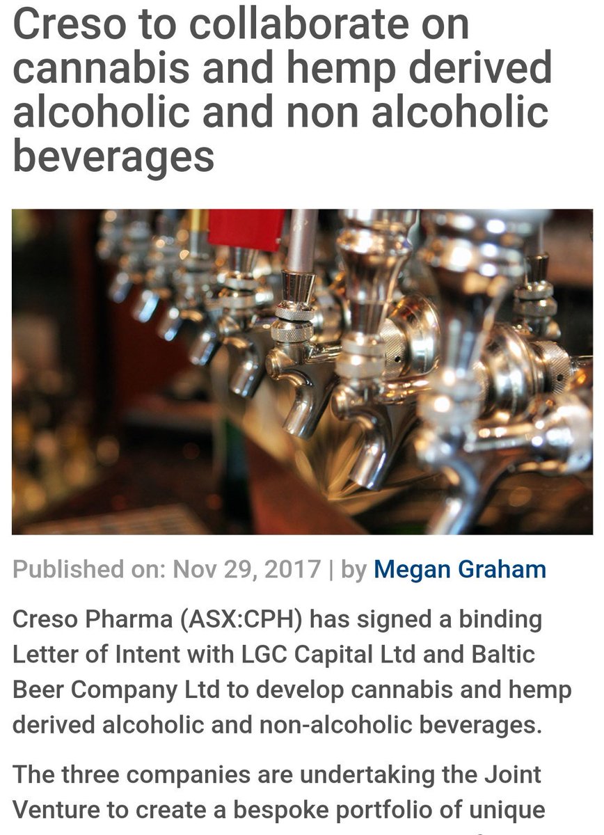 HoweBayWallSt's tweet photo. BREAKING: Creso $CRH.ax to collaborate with LGC Capital $LG.v on cannabis and hemp derived alcoholic and non alcoholic beverages 🍹🥃🥤🍾🥂
https://t.co/06aPug8Ad7 https://t.co/yJrUNfznxb