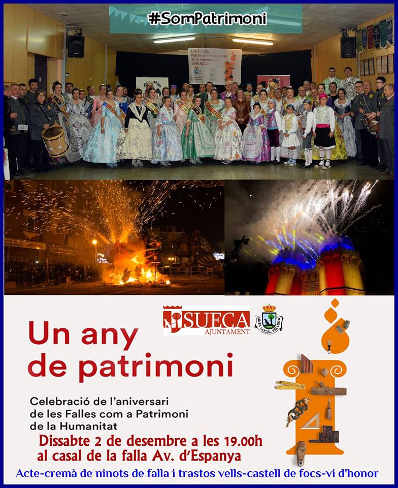 dfef2_0's tweet photo. El proper dissabte 2 de desembre celebrarem al casal de la Falla Av. d'Espanya a les 19:00 h, que des de fa 1 any som patrimoni de la Humanitat. Amb cremà de ninots i trastos vells, vi d´honor.
@jlfsueca #FallesUnesco #SomPatrimoni #Falles2018 #SuecaEnFalles https://t.co/ZZYOTjVdHU