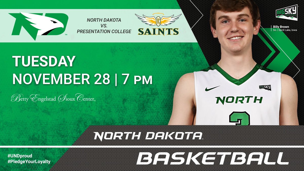 UNDmbasketball's tweet photo. Two hours til tip-off ... See you soon @NoDak_Nation and Fighting Hawk fans #BigSkyMBB #UNDproud https://t.co/jVeFlWOu8a