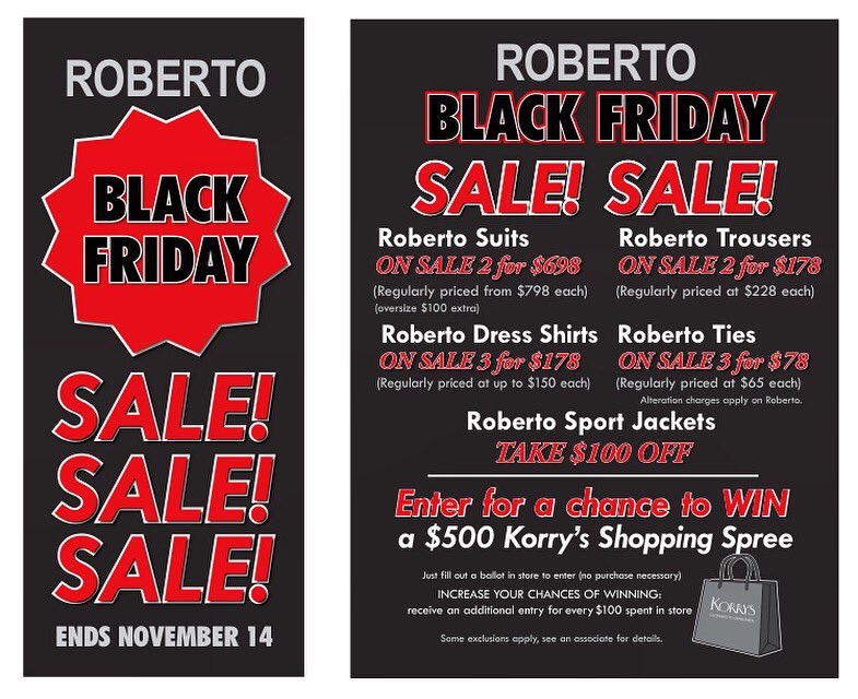 SaulKorman's tweet photo. TAKE ADVANTAGE TODAY of our Roberto #BlackFriday Sale!
Ending Nov.30th:
Roberto shirts 3 for $178
Roberto suits 2 for $698
Roberto pants 2 for $178
Roberto ties 3 for $78
PLUS you could receive a $500 Korry’s shopping spree!
•
#korrys #toronto #fashion #menswear #mensfashion https://t.co/b6aCLOjRCq