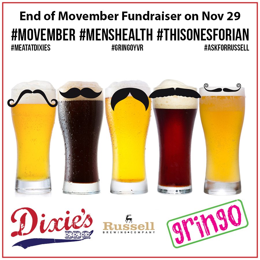 TOMORROW NIGHT! Join us for our End of Movember Fundraiser on Nov 29 at Dixie’s  BBQ. Silent Auction, Drink Specials &amp; 10 cents from every Russell Brewing Tap will be donated to the cause!
#movember #menshealth #thisonesforian
#meatatdixies #gringoyvr #askforrussell