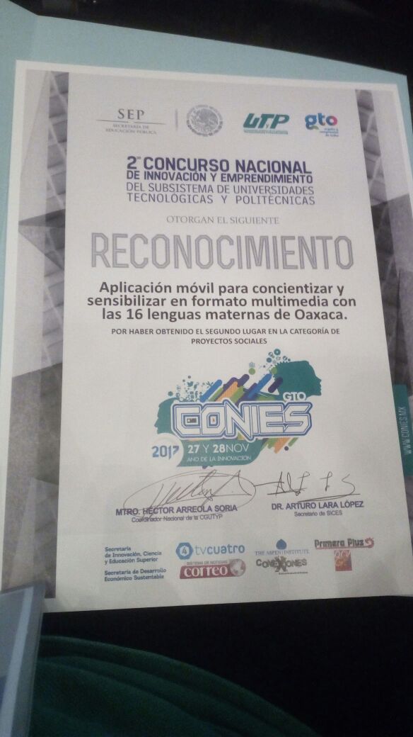 GiselaBlasP's tweet photo. Felicidades al equipo #Yalam aplicación móvil para concienciar y sensibilizar con 16 lenguas de #Oaxaca, 2o lugar en #CONIES2017 #Guanajuato https://t.co/XNTcOHJgDX