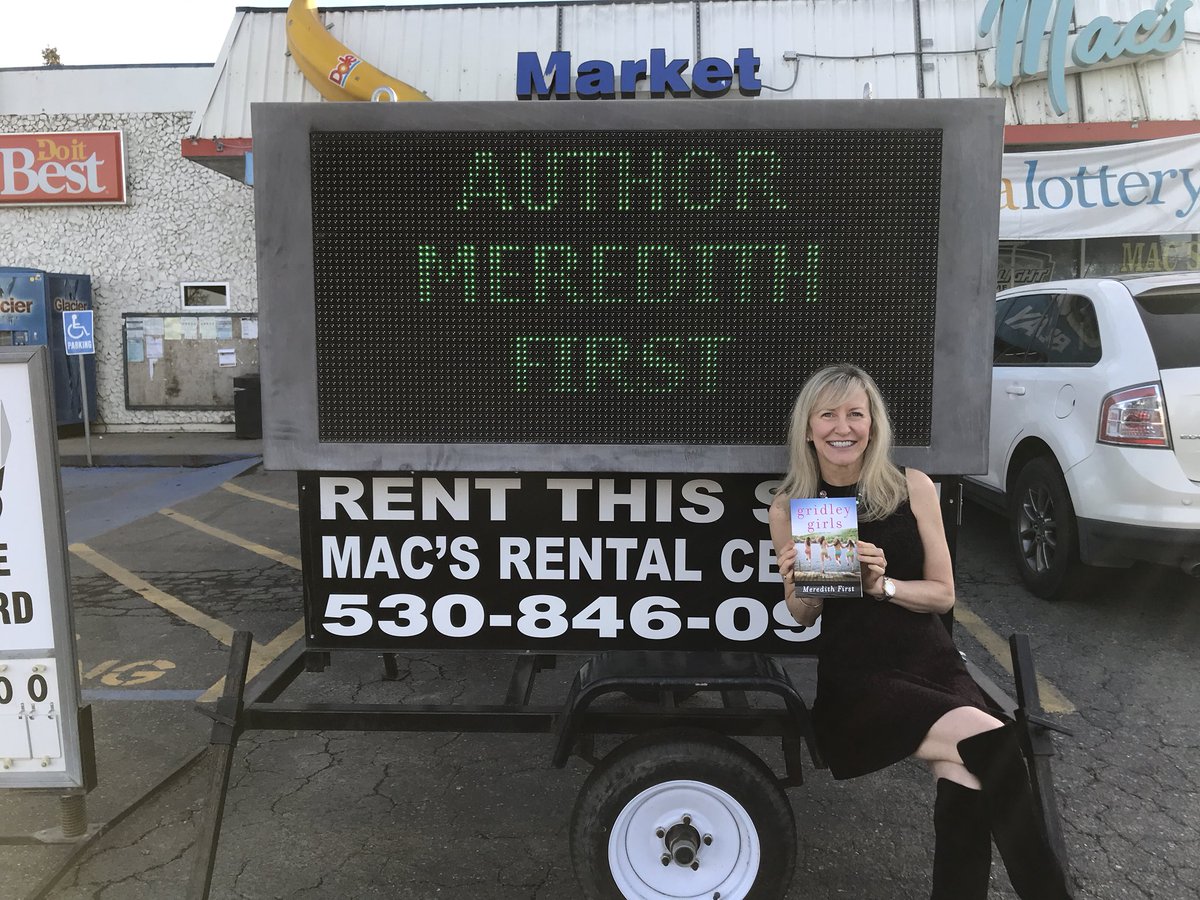 MeredithFirst's tweet photo. Come on down for a signed copy of #GridleyGirls. Or maybe just rent this sign so you too, can have your name in lights? #author #authormemes #authorsofinstagram #womensfiction #chicklit #YAL #amreading #amwriting https://t.co/eMdfhTrViL