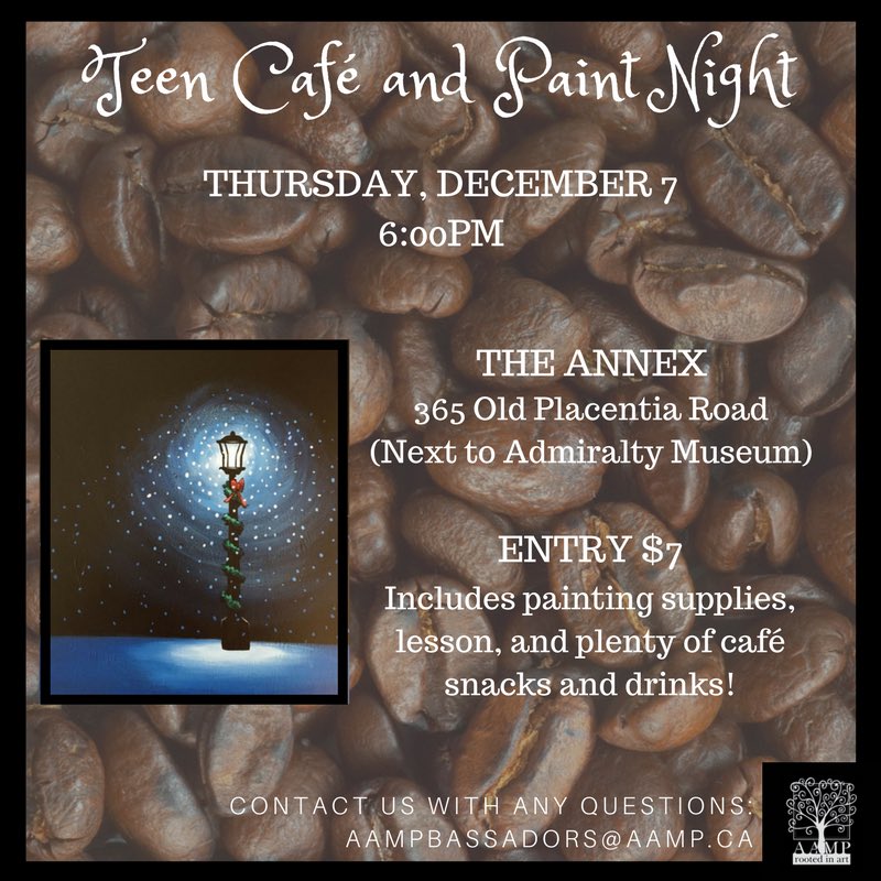 Learn how to make a beautiful painting and enjoy some great snacks! Check out AAMP’s Teen Café and Paint Night! <a href="/MtPearl_YAT/">Mt. Pearl YAT</a> <a href="/HuskiesMPSH/">Mount Pearl Senior</a> <a href="/ODHigh/">O'Donel High</a> <a href="/Mount_Pearl/">City of Mount Pearl</a> <a href="/SPJHPythons/">SPJH</a> <a href="/mpipanthers/">MPI</a>