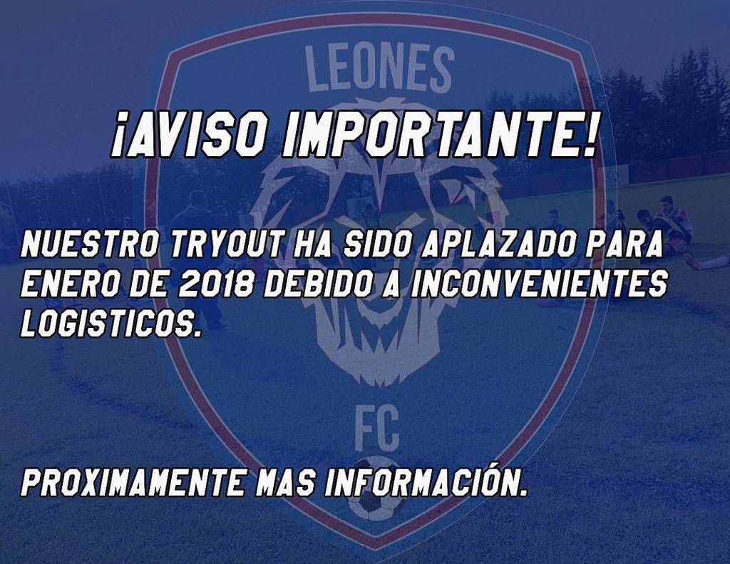 LeonesFCMiami's tweet photo. Nuestro tryout ha sido aplazado para enero de 2018 debido a inconvenientes logisticos. Proximamente mas informacion.
Los que ya están inscritos se les hará devolución del dinero. https://t.co/b9vGpNZ1BB