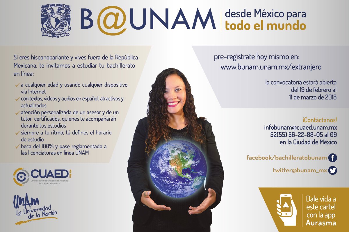 BUNAM_mx's tweet photo. #BUNAM ¡Desde México para el mundo!

Si eres hispanoparlante y vives fuera de la República Mexicana, te invitamos a estudiar tu bachillerato en línea > https://t.co/FsLHWdz8qR

¡Contáctanos! infobunam@cuaed.unam.mx / 52(55)56228805 al 09 https://t.co/emHYNMJ503