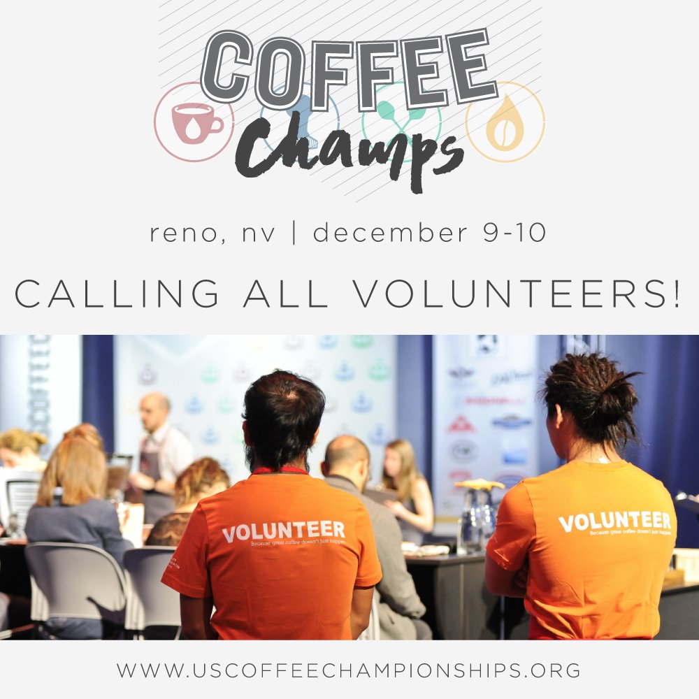 baristaguild's tweet photo. Planning to attend #CoffeeChamps in #Reno, NV? Sign up to #volunteer for 5+ hours &amp; you'll receive a free pass! Volunteer opportunities are available December 8-10, 2017 in the competitions as well as The Cafe, Roasters Village, and general event support. https://t.co/TihKTQjsx1 https://t.co/ufokEhTmAV