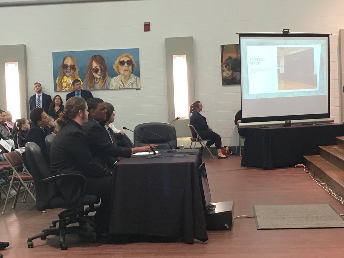 .<a href="/JtownHS/">Jeffersontown High</a> students Reece Sistrunk Andrew Puckett &amp; Keagen Robinson present their plan to repurpose the school’s stage. ICYMI, story: goo.gl/kG1V1A