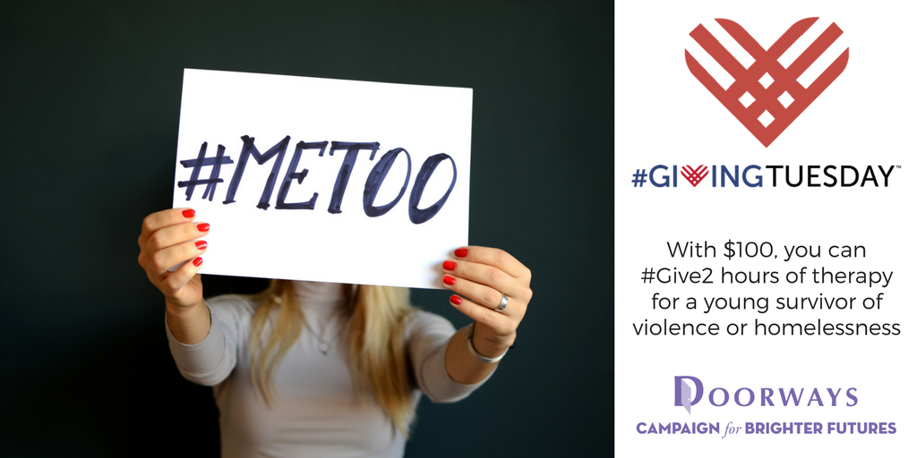 DoorwaysVA's tweet photo. With just $100, you can #Give2 hours of therapy to a teenage survivor by making a #GivingTuesday gift to Doorways: https://t.co/Po5T2DSZG0 #MeToo https://t.co/qi6tBEmLZA